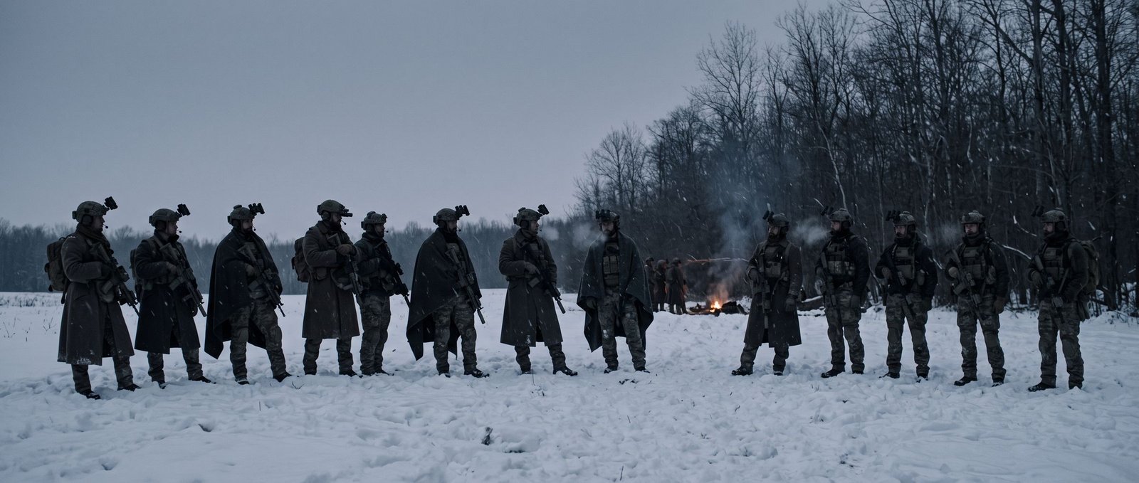 Fourteen operators in wool coats over plate carriers standing at the edge of a winter forest